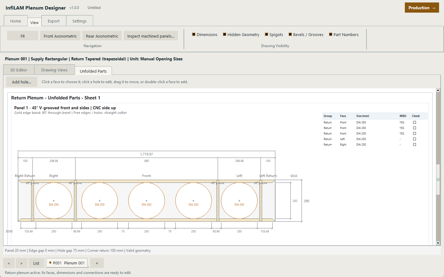 Unfolded manufacturing panel with machining details